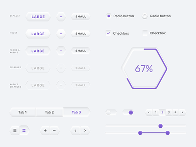Neomorphic UI buttons checkbox clean components controls design system elements hexagon hexagonal loader minimal neomorphic neomorphism pagination soft ui styleguide switcher tabs theme ui kit