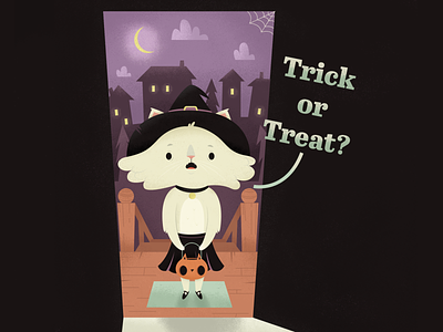 Trick of Treat? | Full Illustration candies cat city costume cute digital illustration halloween halloween night illustrator moon night pumpkin sweets trick-or-treat trickortreat witch