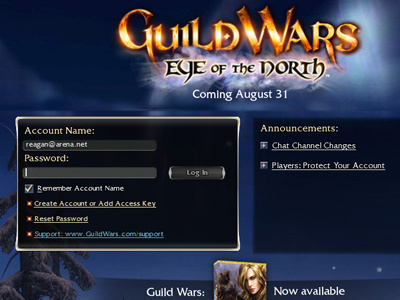 Login Screen for Guild Wars: Eye of the North games graphic design guild wars interactive ui