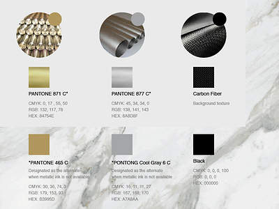 PPM Color Palette 465c 871c 877c carbon color fiber gold pantone sliver titanium yacht branding