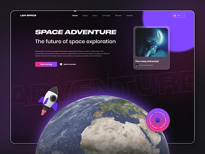Space adventure web design 🚀 3d adventure astronaut clean dark mode design hero design interface planet product product design space ui ui design web web design