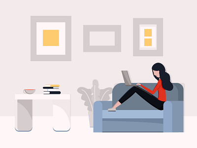 Woman works on the laptop design dribble flat illustration shot vector web