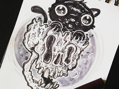 Cat in Skull Ink Sketch brushpen cartoon cats drawing halloween holiday illustration inktober skulls spooky