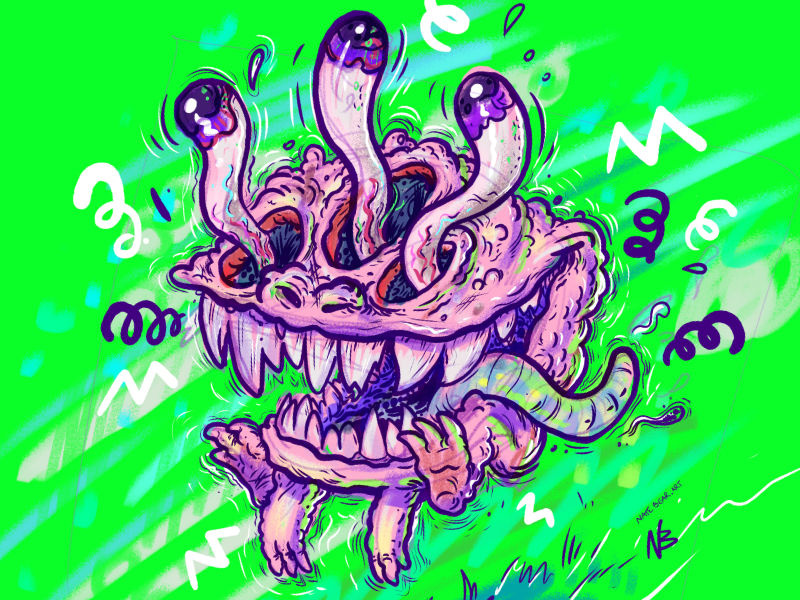 Noodley Eyes Monsta creatures happy teeth pink zine illustration gnarly neon monsters