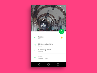 Hotel search app concept [Material Design] android android l booking fab geolocation guests hotel list material design search