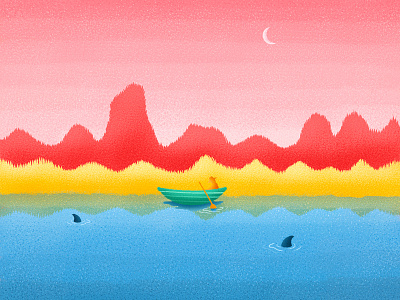 Lake blue illustration lake moon red shark