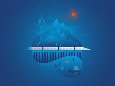 Train & Technology buildings gradient graphic illustraion landscape railway train vector