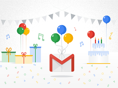 Gmail 15 balloons banner birthday birthdayparty cake celebrate celebration gmail illustration mail music presents