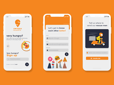 Daily UI Challenge #001 - Swiggy Sign Up Revamp 100daysofdesign app burger challenge001 dailyui darkblue design food foodapp hunger illustration india minimal orange pizza simple swiggy ui ux vector