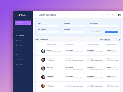 Dashboard-List View candidates dashboard design filter jobs list product search ui