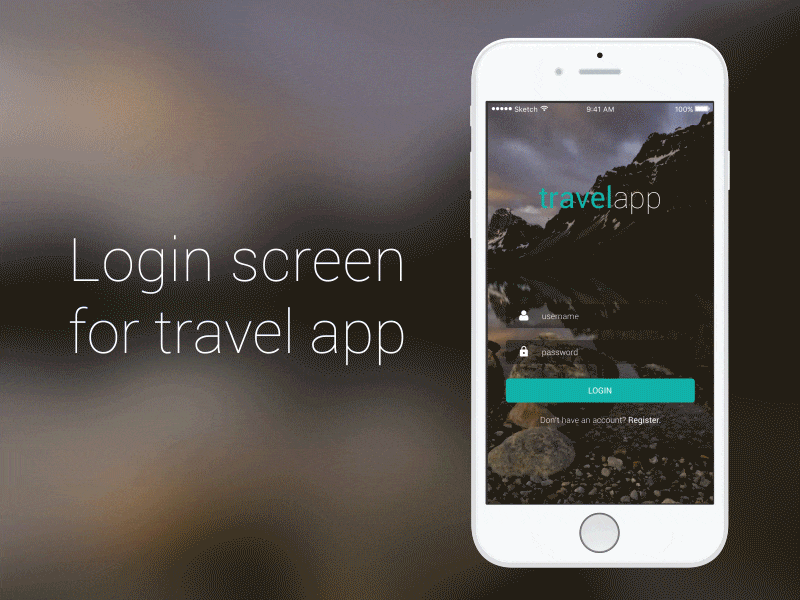 Login and home screen animation app flat home ios login minimal mobile modern simple travel ui