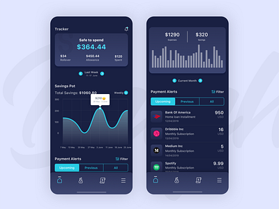 Money saver App (Dark UI) app blue branding clean concept dark dark ui design dribbble ios mobile ui uiux ux