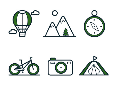 Green icons, Travel, Trip balloon bycicle camera camping compass design icon design icon set icons illustration mountains tent travel trip ui vector