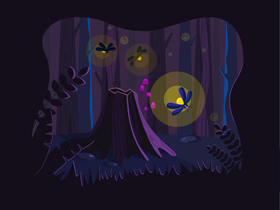 Illustration: In the forest (bright lighting) bright design flat forest glowworm illustration light lighting mushroom nature night purple stump trees ui vector wild