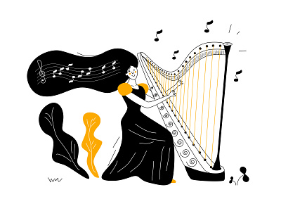 Playing the harp art black digitalart flat girl harp illustraion music musician vector vector art vector illustration yellow