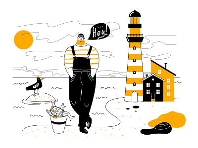 Fisherman bird black building catch clouds coast design digitalart fish fisherman flat gull house illustration lighthouse man sailor sea vector yellow