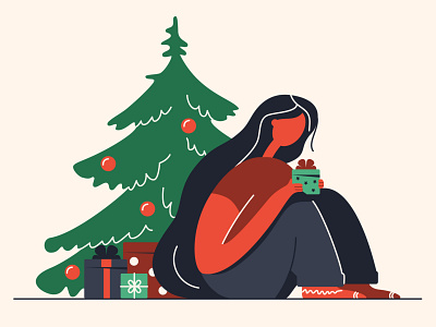 Woman with gift character christmas christmas tree design fat flat gift girl illustration new year party person present vector woman