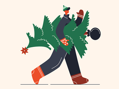Man with Christmas tree boots boy carry character christmas christmas tree cold flat hat illustration man mittens new year spruce vector winter
