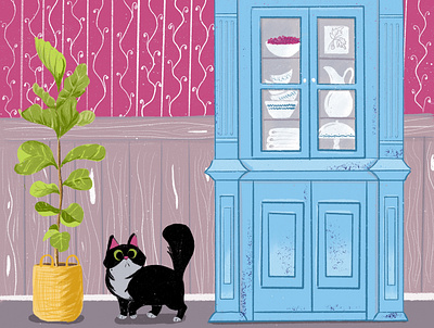 Black cat buffet cat character cupboard design dishes flower illustration plant pot procreate room