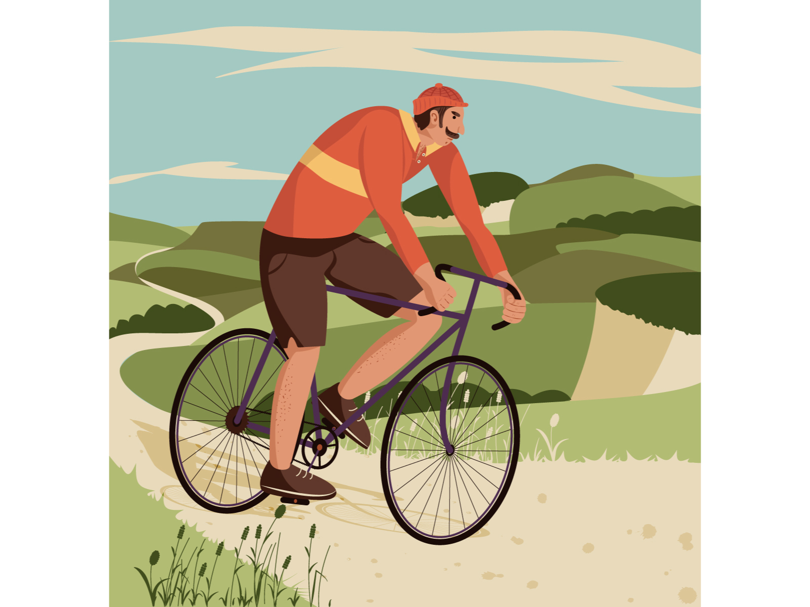 Tour de France bicycle bicycling bike character cloud cyclist design flat grass hills illustration man nature ride road sport vector