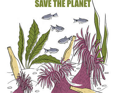 Save the planet actinia bottle bottom earth fish garbage illustration ocean planet procreate save earth sea vector