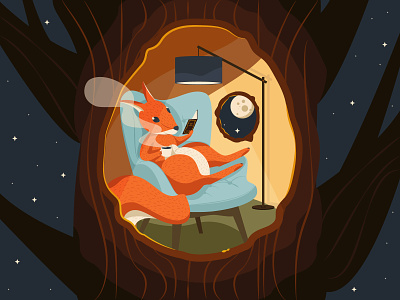 Squirrel resting armchair book fairy tale flat for kids hollow illustration lamp moon night reading rest sky squirrel stars teatime tree vector