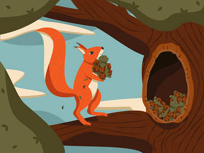 Squirrel working hard animal character flat harvest hollow illustration leaf nuts provisions squirrel tree vector work
