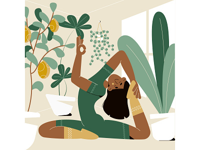 Yoga character flat girl green illustration lemon plant pose pots vector window woman yellow yoga