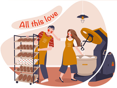 Love in the bakery baker bakery boy bread buns couple design dough mixer flat friends girl illustration love man production vector woman