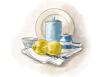 Still life illustration jars kitchen lemon plates procreate still life