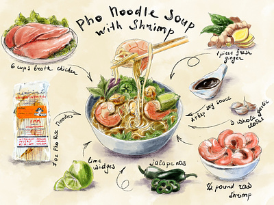 Recipe Pho Noodle Soup cooking food garlic ginger illustration jalapeno lime meat noodles procreate shrimp souce soup