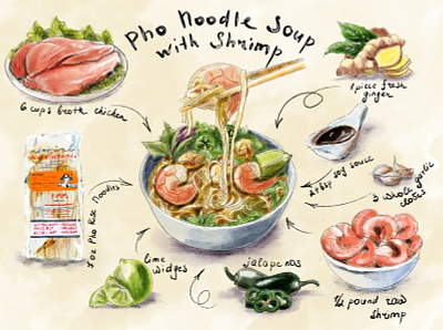 Recipe Pho Noodle Soup cooking food garlic ginger illustration jalapeno lime meat noodles procreate shrimp souce soup