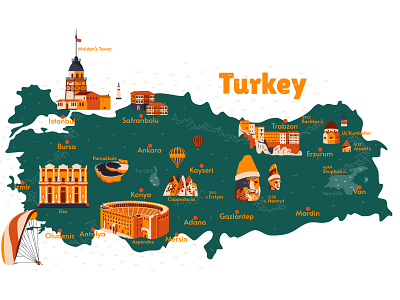Map of Turkey ankara attractions character city country design flat history illustration map places sights turkey vector