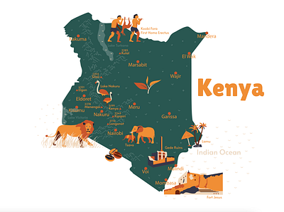 Kenya africa attraction country design flat illustration kenya map sights vector woman