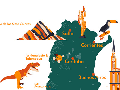 A part of Argentina animals argentina bird cactus design flat illustration map sights toucan vector