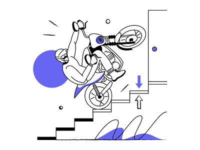 Motorcyclist biker character design flat illustration lineart man motorcyclist stairs vector