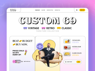 Vintage Furniture Website Concept I Custom 69 brutalist design classic furniture figma design figma template furniture website landing page minimal ui modern web retro design retro furniture uiux design vintage design vintage furniture vintage ui web ui website design