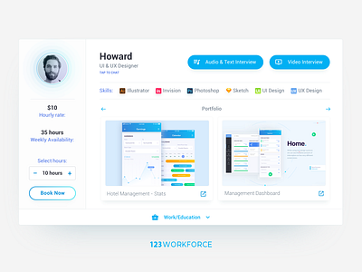Hire a freelancer - Card UI card cv design freelancer hire interaction interface minimal payment portfolio card profile profile card skills ui userinterface ux
