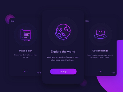 Travel app onboard screen adventure app dark explore icon illustration on boarding plan travel trending ui ux