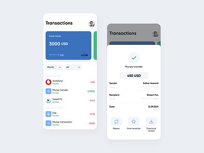 Finance mobile app - transaction screens cards finance mobile app money transactions transfers ui