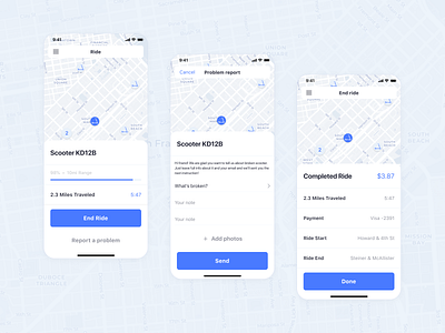 Scooter rental app blue design map mobil mobile app rental reports scooter ui