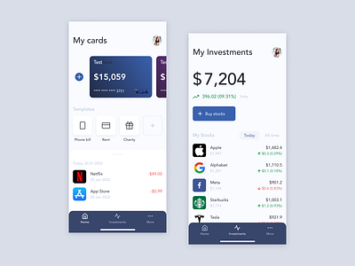 Banking mobile app banking blue cards dark design finance investments mobile app transactions ui