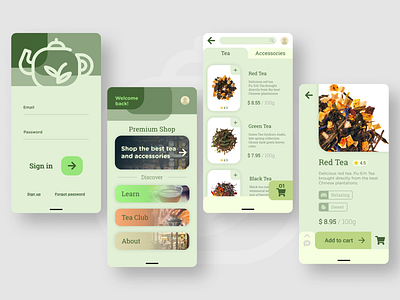 Tea Shop App android app branding clean design ecommerce flat green icons information ios log in screen logo minimal mobile shop shopping tea ui ux
