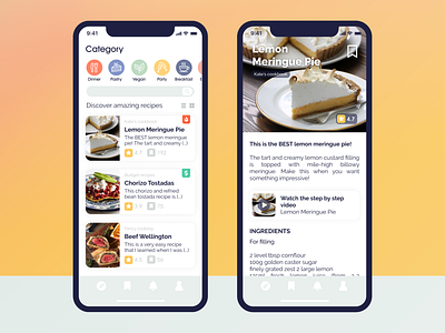 Recipes App app cards clean colors cooking design flat gastronomy gradient icons ios light list minimal mobile pie recipes tags ui ux