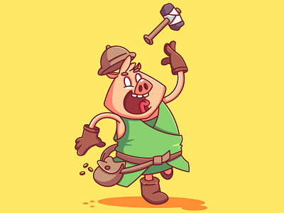 swine character coins funny hammer illustration miner pig swine vector
