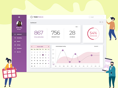 Dashboard - Employee Time Tracking clock inout dashboard ui employee iconography illustration manager reports scheduling time management typography