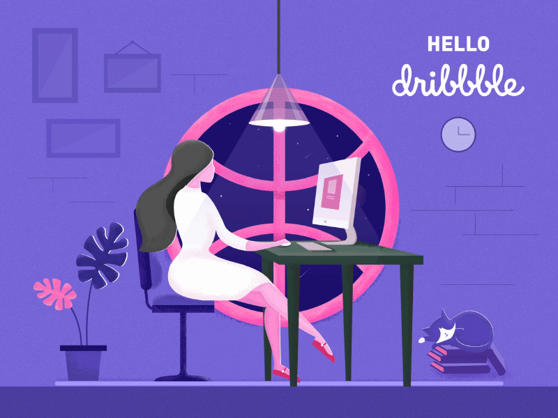 Hello Dribbble! cat book palnts ai room girl stars illustration design color art