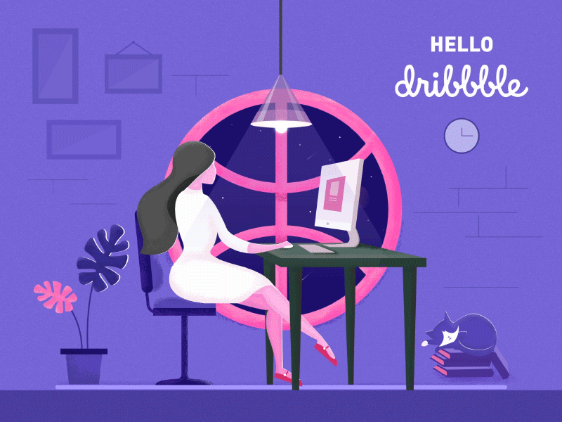Hello Dribbble! ai art book cat color design girl illustration palnts room stars