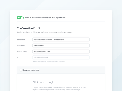 Toggle on that email blue confirmation email field form toggle