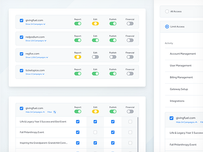 User Permissions blue checkbox expand green permissions table toggle ui user ux